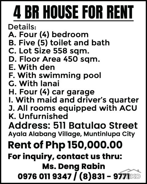 4 bedroom House and Lot for rent in Muntinlupa